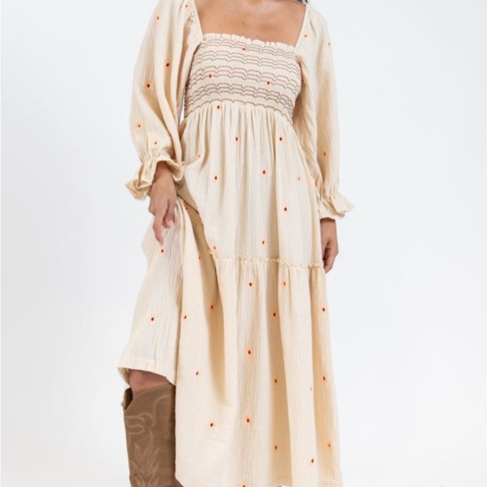 Pink Lily Cream Maxi Dress with Floral Accents
